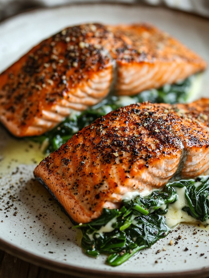 Blackened Salmon Stuffed with Spinach & Parmesan