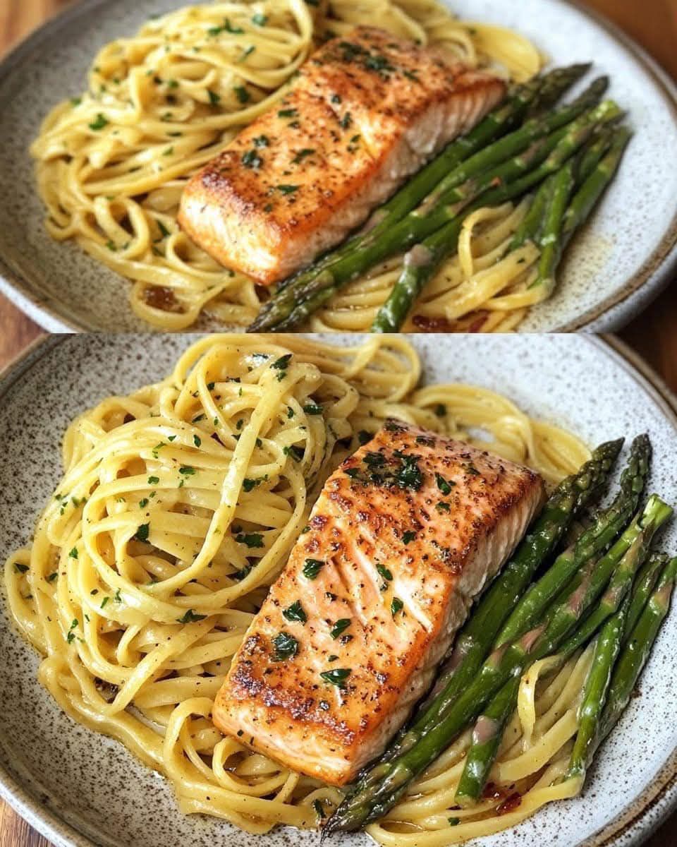 Save this recipe! Garlic Butter Salmon with Asparagus Linguine
