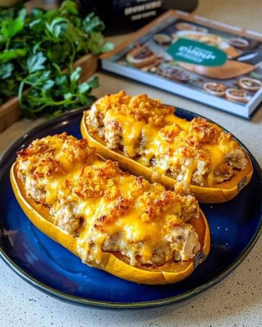 Butternut Squash Stuffed with Chicken and Melted Cheese