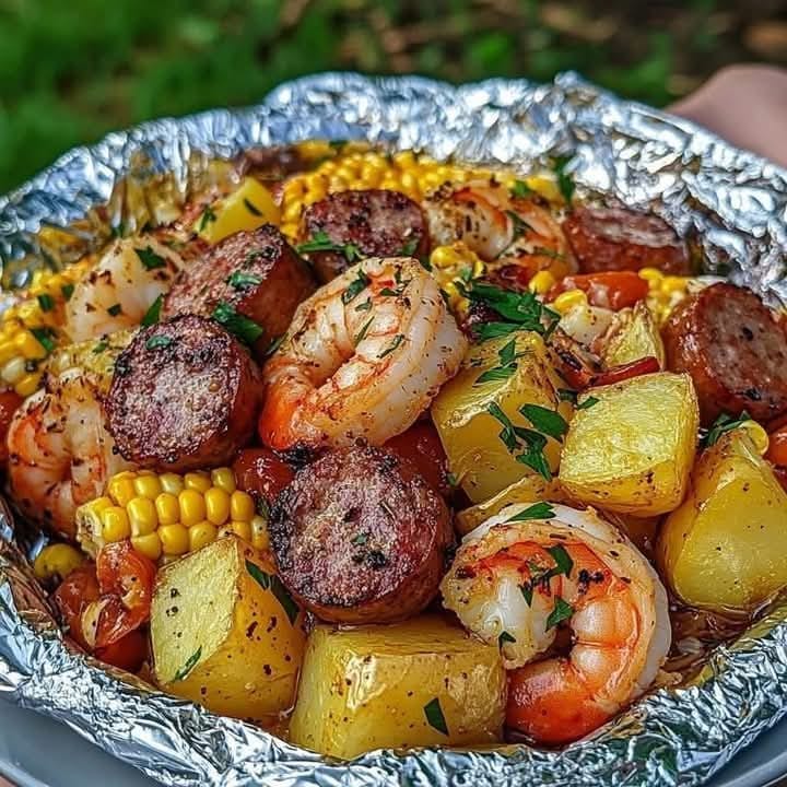 Shrimp, Smoked Sausage, Sweet Corn, and Potato Foil Pack Recipe