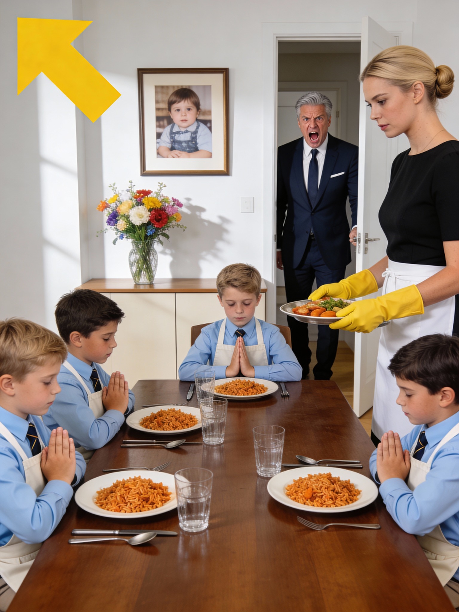 housekeeper in her neatly pressed blue-and-white uniform—was not cleaning or arranging flowers. She was seated at the forbidden table, patiently feeding four identical boys, no more than four years old, dressed in worn, mismatched clothes clearly patched together over time.  Their gazes followed each spoonful as if it were treasure. The meal was nothing extravagant—just simple rice tinted yellow—yet they looked at it as though it were pure gold.  “Elbows down, my little ones,” Elena whispered kindly. Then, with a smile meant to reassure more than instruct, “Eat slowly. Today, everyone gets enough.”  Bright yellow rubber gloves covered her hands—hands meant for scrubbing floors and sinks—but the way she held the spoon was gentle, practiced, almost motherly.  Alejandro’s throat tightened.  He had never seen tenderness like this in his own home.  NEXT PART IN 1ST COMMENT Voir moins