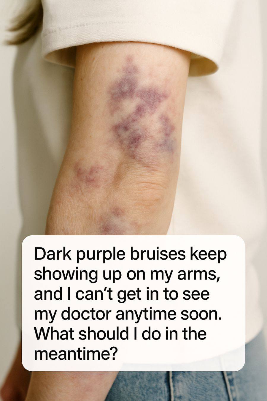 Dark purple bruises keep showing up on my arms, and I can’t get in to see my doctor anytime soon. What should I do in the meantime?